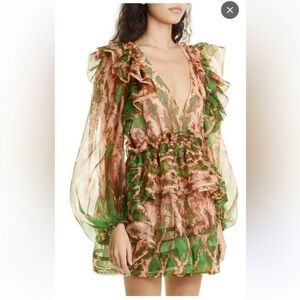 Ulla Johnson Sheer Floral Dress in Green and Brown